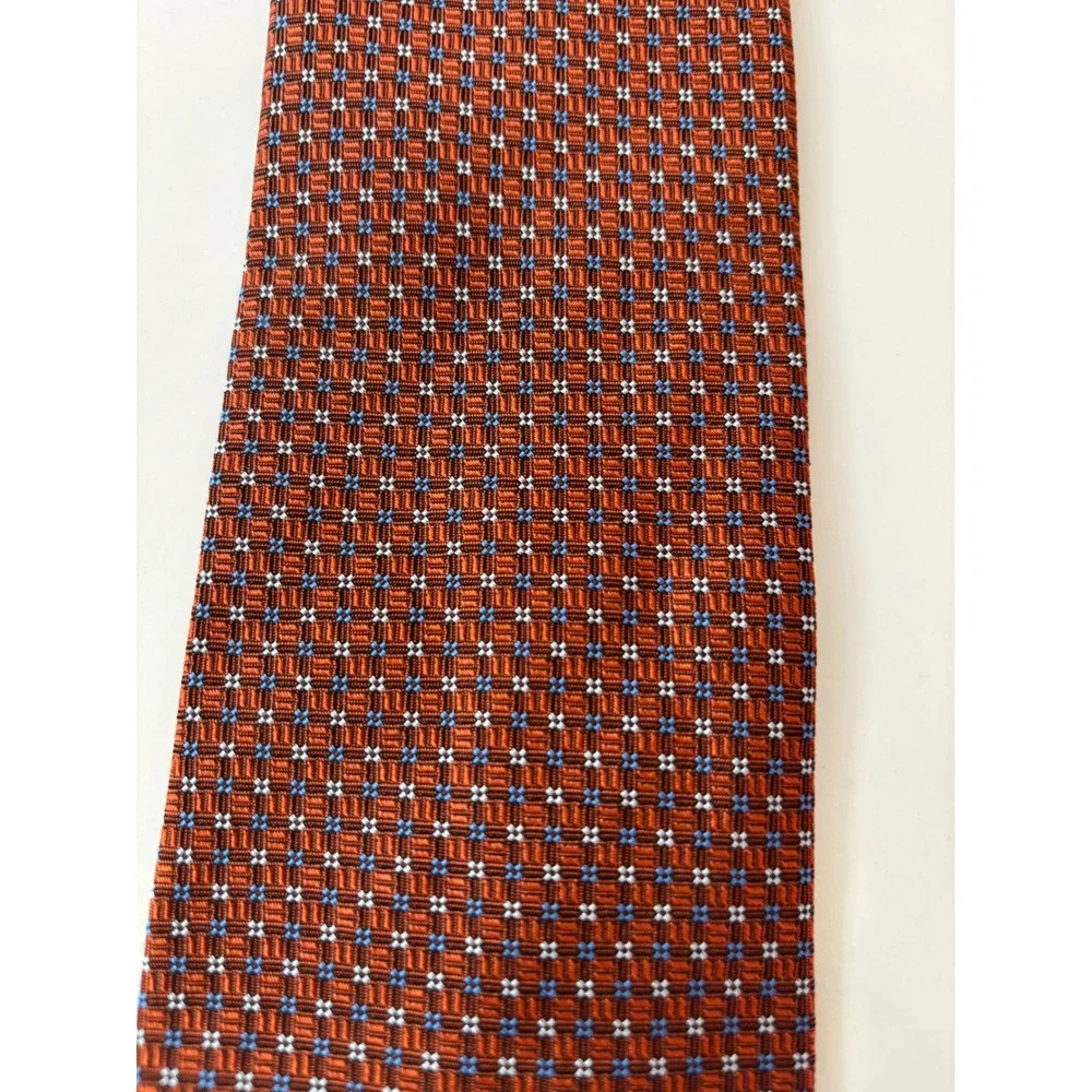 Brooks Brothers Makers Silk Tie Burnt Orange Blue Geometric Micro Pattern Mens
